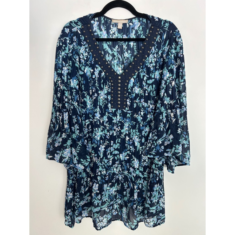 Woman Within Blue Floral Pleated Studded V-Neck Tunic Bell Sleeve Top 2X 26/28